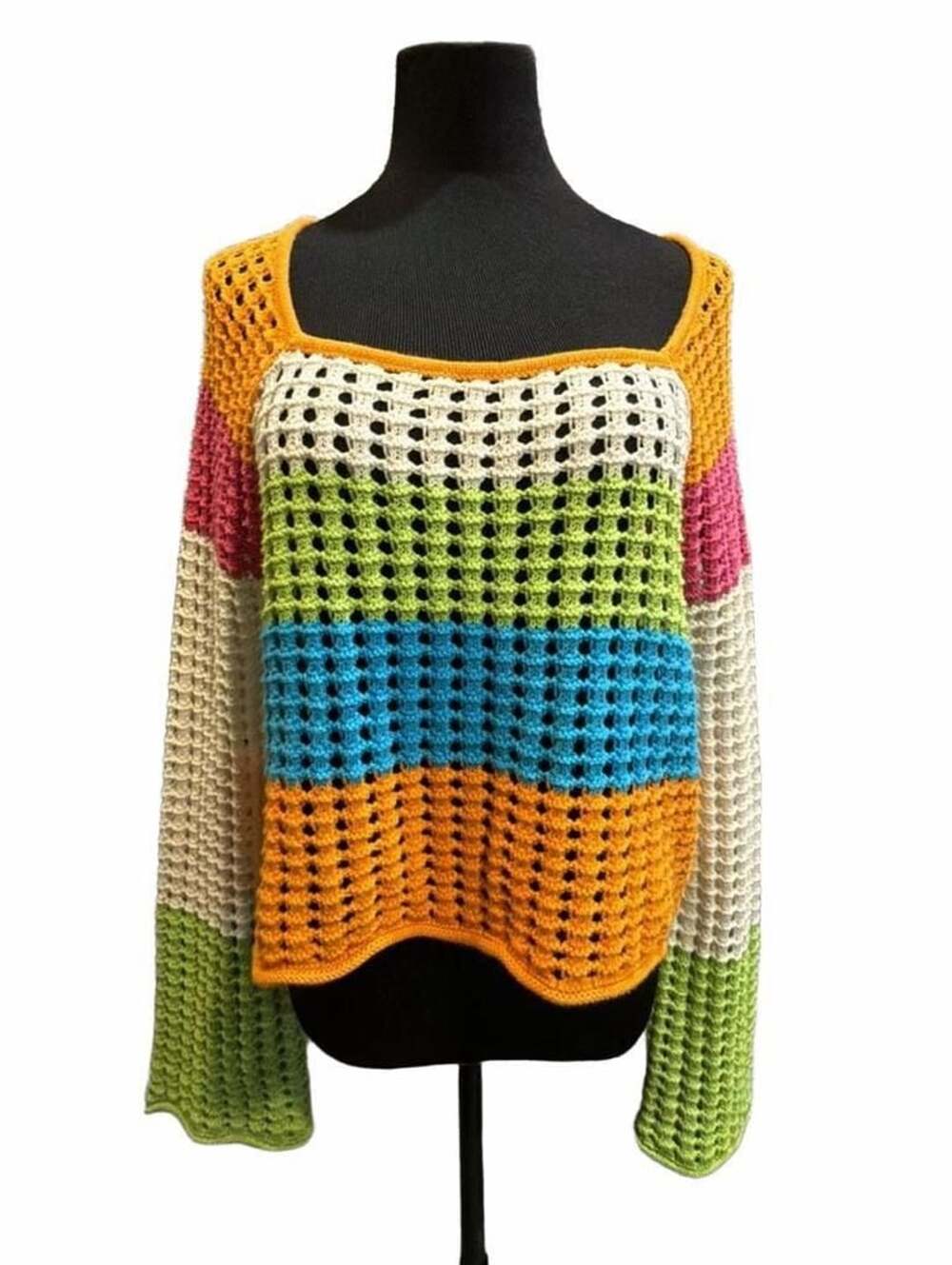 818 Wild Fable Crochet Stripe Bell Sleeve Sweater M